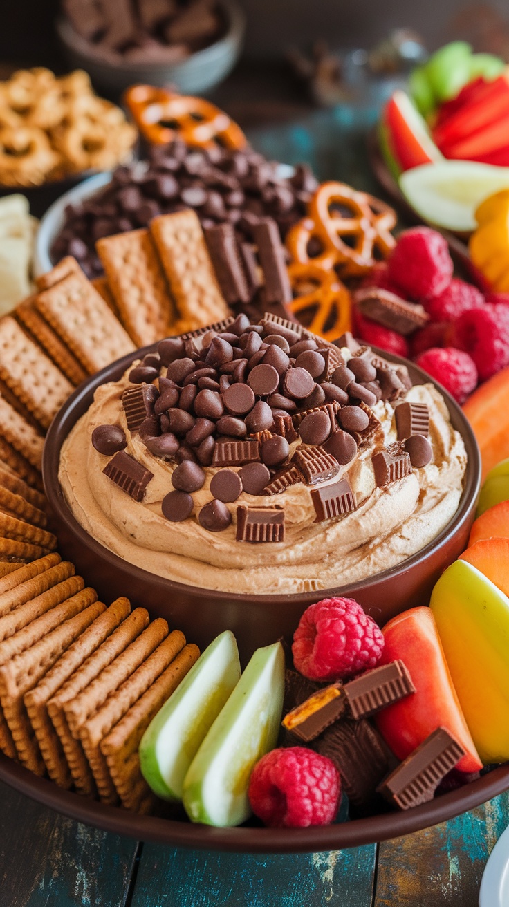 Creamy peanut butter cup cheesecake dip with chocolate chips and Reese